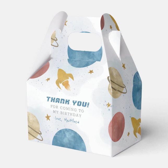 Blue Yellow Outer Space Boy Thank You Birthday Favor Boxes (Front Side)
