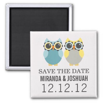 Blue & Yellow Owl Design Save The Date Magnets by AllyJCat at Zazzle