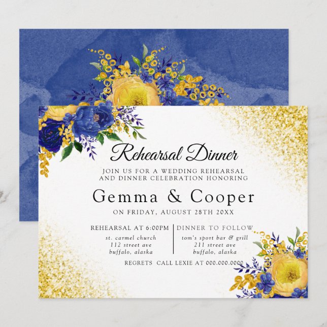 Blue Yellow Painted Floral Gold Rehearsal Dinner Invitation (Front/Back)