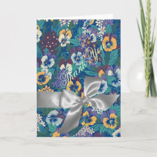 Blue & Yellow Pansies Silver Bow Thank You Card