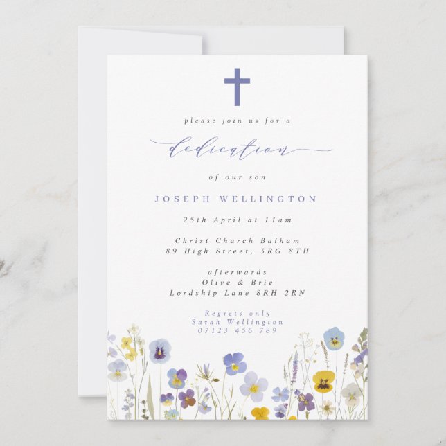 Blue & Yellow Pansies Wildflowers Baby Dedication Invitation (Front)