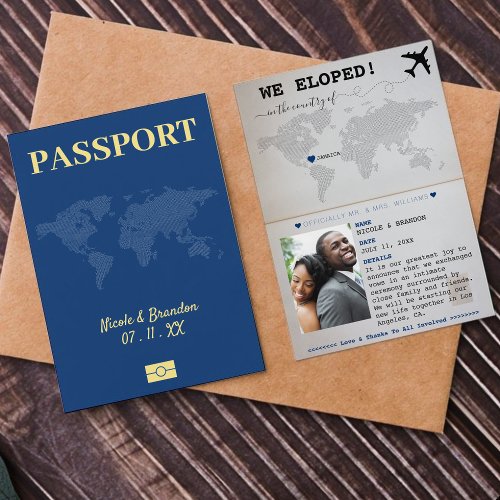 Blue  Yellow Passport Eloped Wedding Announcement