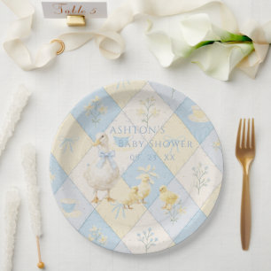 Blue & Yellow Patchwork Duck Chicks Baby Shower Paper Plates