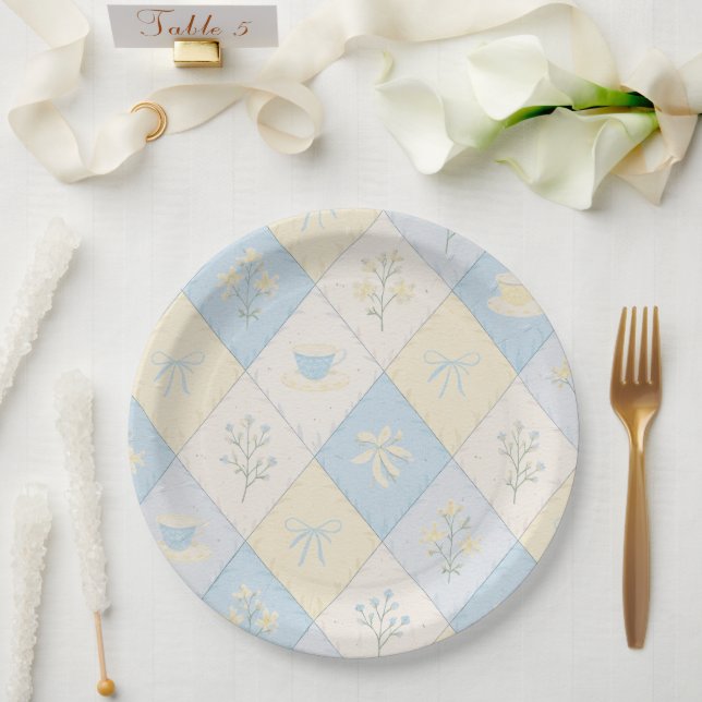 Blue & Yellow Patchwork Pattern Cute  Baby Shower Paper Plates (Wedding)