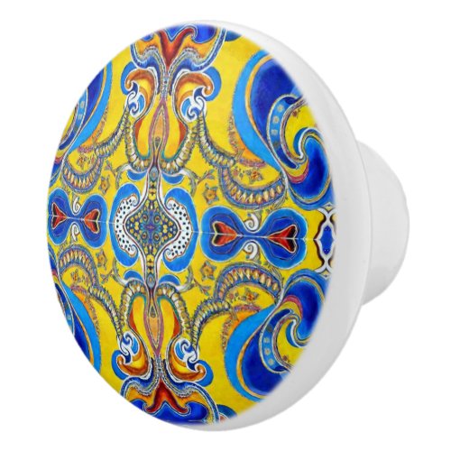 Blue yellow pattern artsy bold  ceramic knob