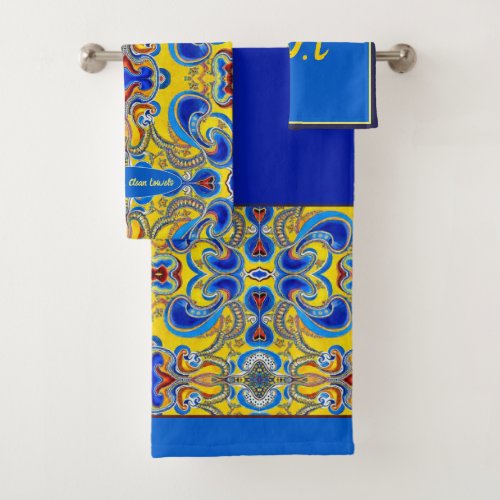 Blue yellow pattern artsy bold custom text bath towel set