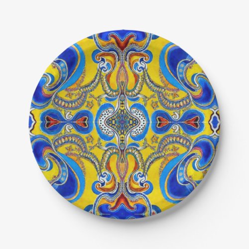Blue yellow pattern artsy bold paper plates
