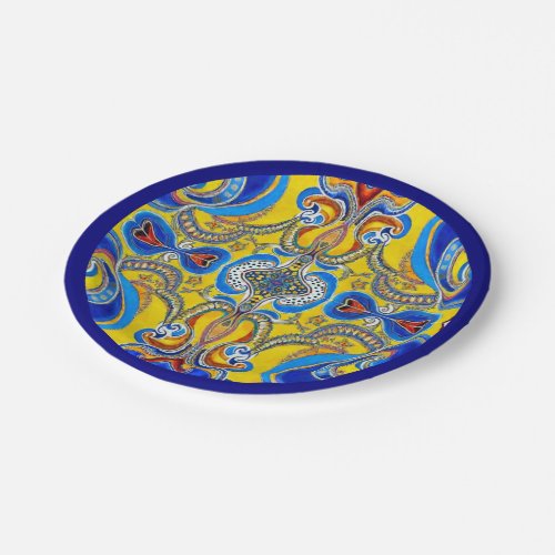 Blue yellow pattern blue edge artsy bold paper plates