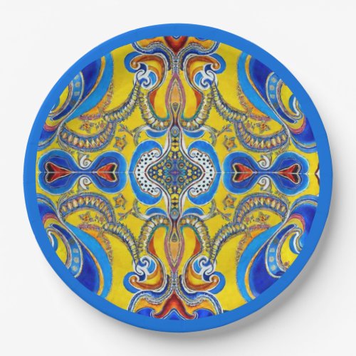 Blue yellow pattern mid_blue edge artsy bold paper plates