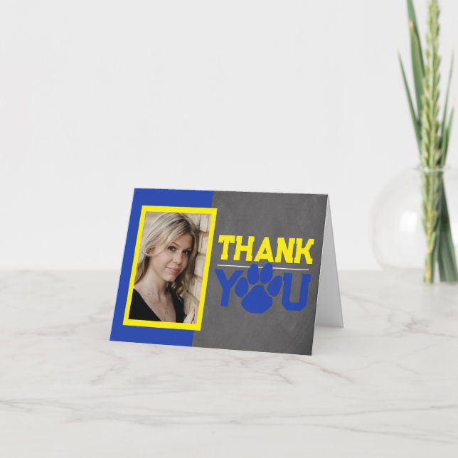 Blue & Yellow Paw Print Graduation Folding Photo Thank You Card (Front)