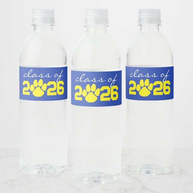 Blue & Yellow Paw Print Graduation Water Bottle Label (Bottles)
