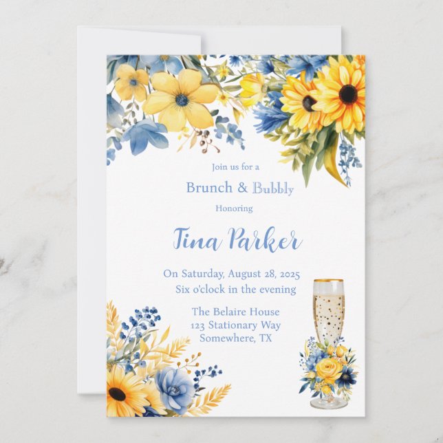 Blue Yellow Peony Watercolor Brunch and Bubbly Invitation (Front)