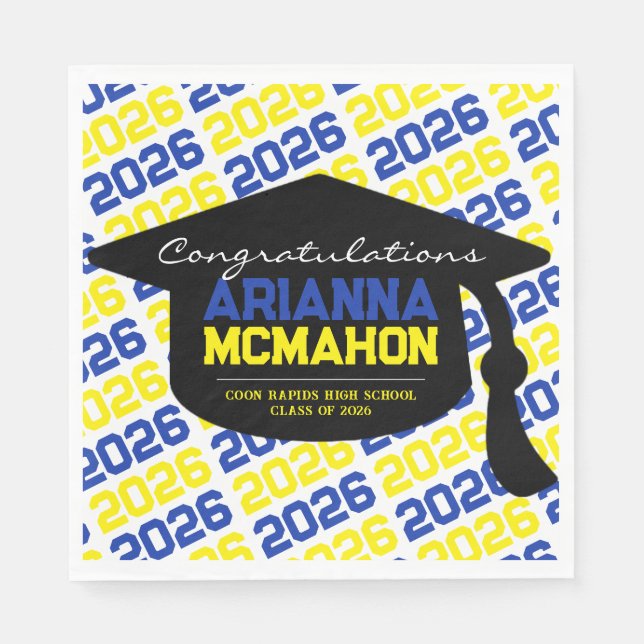 Blue & Yellow Personalized Graduation Cap Paper Napkins (Front)