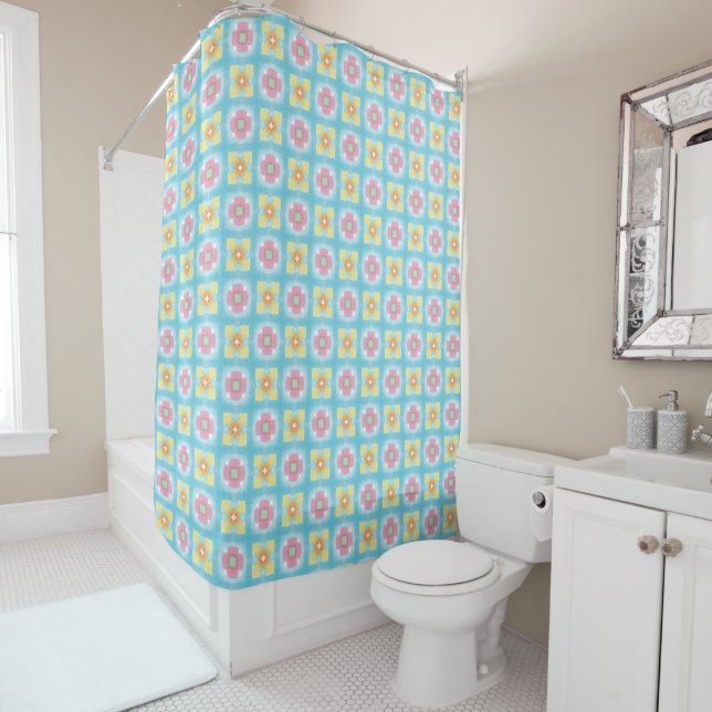 Blue yellow pink 60s 70s floral checkered pattern shower curtain (In Situ)