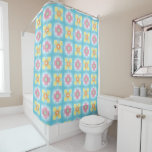 Blue yellow pink 60s 70s floral checkered pattern shower curtain