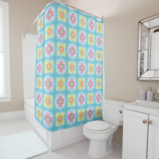 Blue yellow pink 60s 70s floral checkered pattern shower curtain (In Situ)