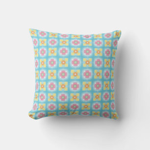 Blue yellow pink 60s 70s floral checkered pattern throw pillow