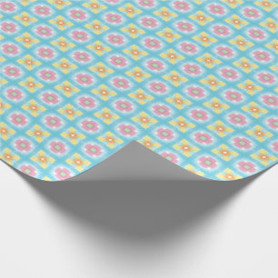 Blue yellow pink 60s 70s floral checkered pattern wrapping paper