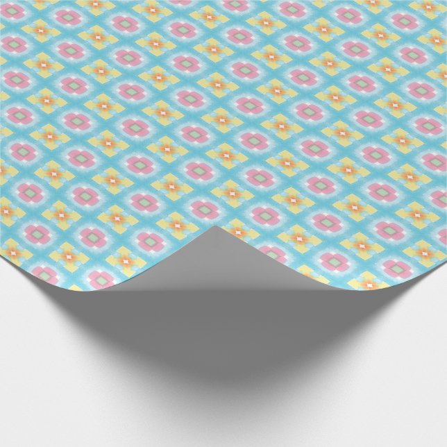 Blue yellow pink 60s 70s floral checkered pattern wrapping paper (Corner)