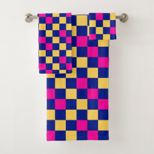 Blue Yellow Pink Checkered Pattern Design Bath Towel Set