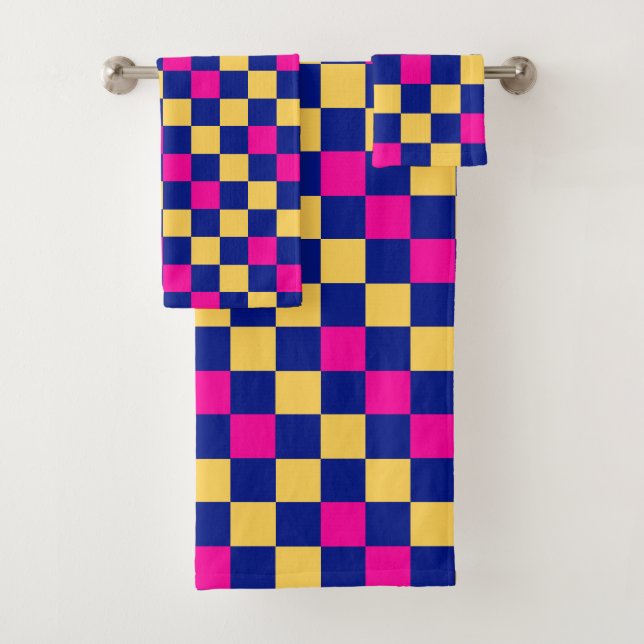 Blue Yellow Pink Checkered Pattern Design  Bath Towel Set (Insitu)
