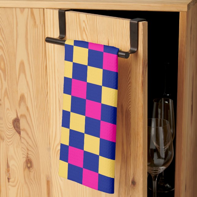 Blue Yellow Pink Checkered Pattern Design  Kitchen Towel (Thirds Fold)