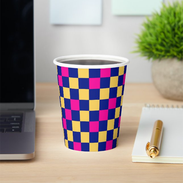 Blue Yellow Pink Checkered Pattern Design  Paper Cups (Insitu)