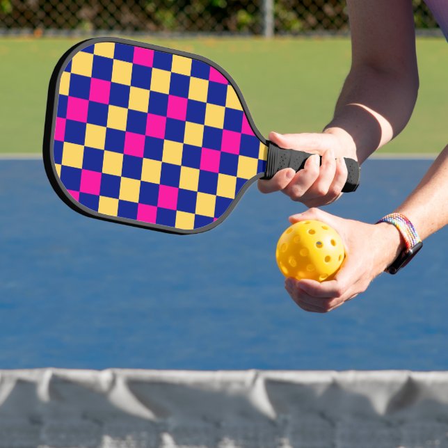 Blue Yellow Pink Checkered Pattern Design  Pickleball Paddle (Insitu)