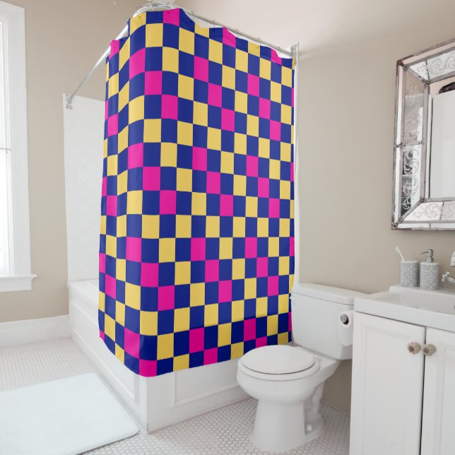 Blue Yellow Pink Checkered Pattern Design  Shower Curtain (In Situ)