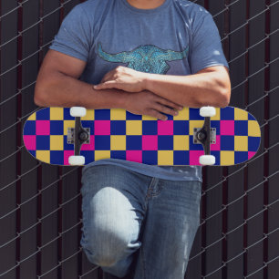 Blue Yellow Pink Checkered Pattern Design Skateboard