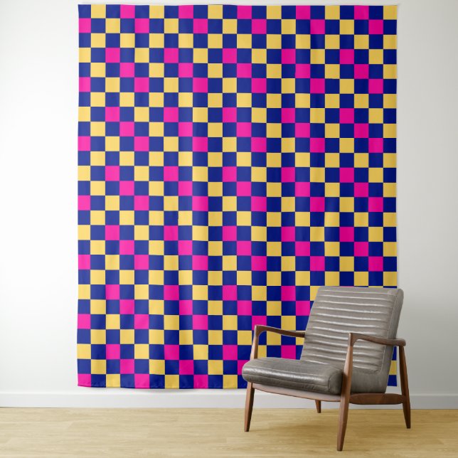 Blue Yellow Pink Checkered Pattern Design  Tapestry (In Situ)
