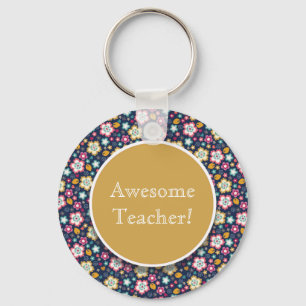 Blue Yellow Pink Floral Awesome Teacher Keychain