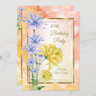 Blue Yellow Pink Flowers Birthday Party Invite