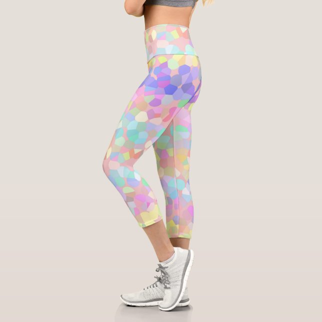 Blue Yellow Pink Green Pastel Mosaic Capri Leggings (Left)