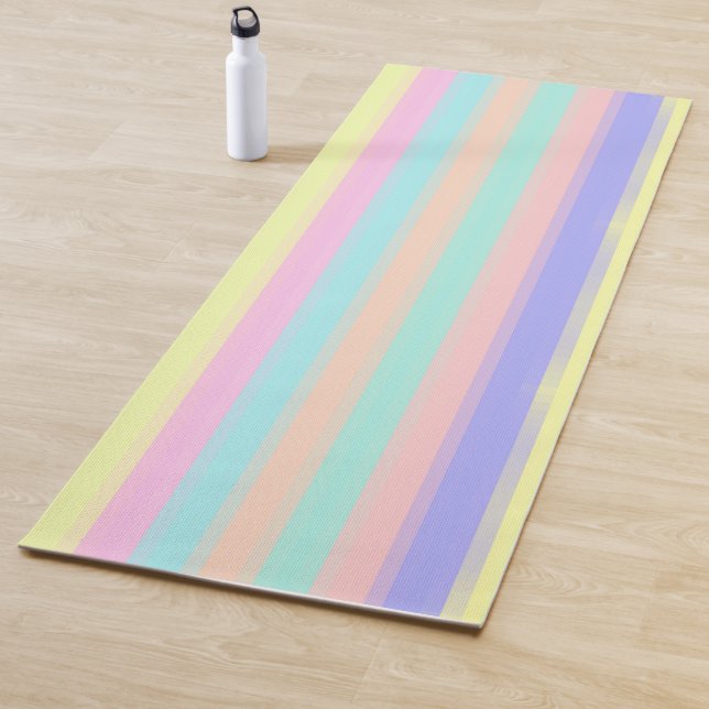 Blue Yellow Pink Green Pastel Stripes Pattern Yoga Mat (In Situ)