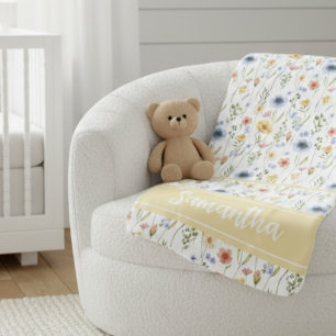 Blue Yellow Pink Watercolor Wildflower Name Baby Blanket
