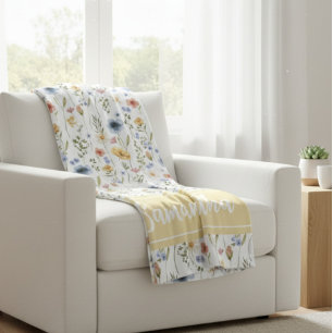 Blue Yellow Pink Watercolor Wildflower Name Fleece Blanket