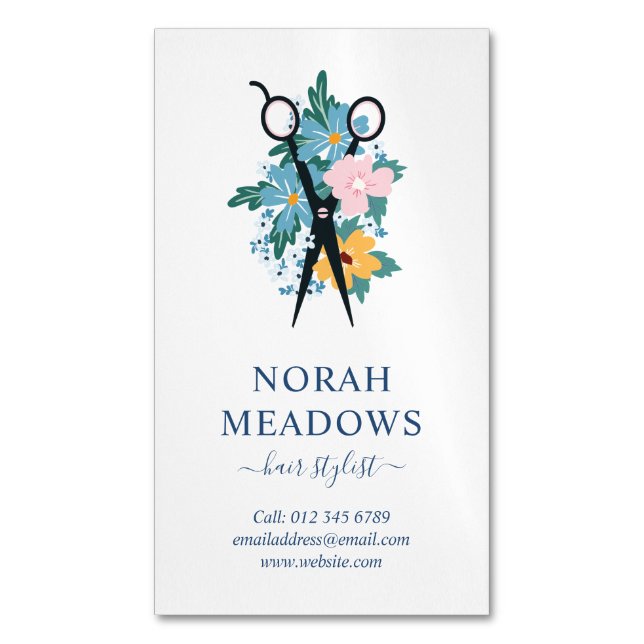 Blue Yellow Pink  White Floral Scissors Business Card Magnet (Front Vertical)