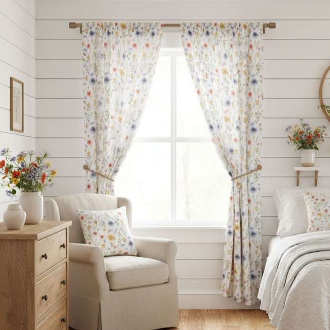 Blue Yellow Pink Wildflower Watercolor Blackout Curtains (Creator Uploaded)