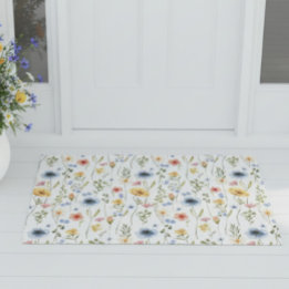 Blue Yellow Pink Wildflower Watercolor Boho Doormat