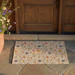 Blue Yellow Pink Wildflower Watercolor Boho Fiber Doormat