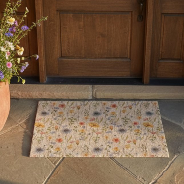 Blue Yellow Pink Wildflower Watercolor Boho  Fiber Doormat (Creator Uploaded)