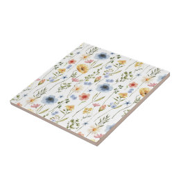 Blue Yellow Pink Wildflower Watercolor Ceramic Tile