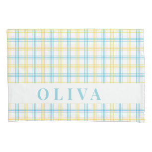 Blue Yellow Plaid Custom Name Pillow Case