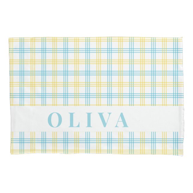 Blue Yellow Plaid Custom Name Pillow Case (Front)