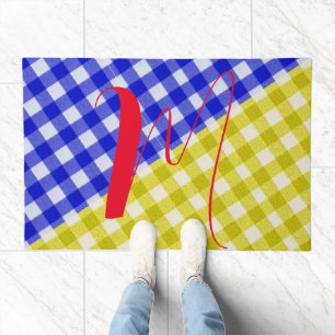 Blue Yellow Plaid Fabric - Name Monogrammed Doormat