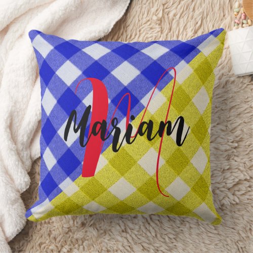 Blue Yellow Plaid Fabric - Name Monogrammed Throw Pillow