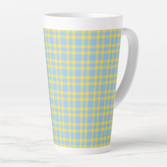 Blue Yellow Plaid Pattern Latte Mug (Right Angle)