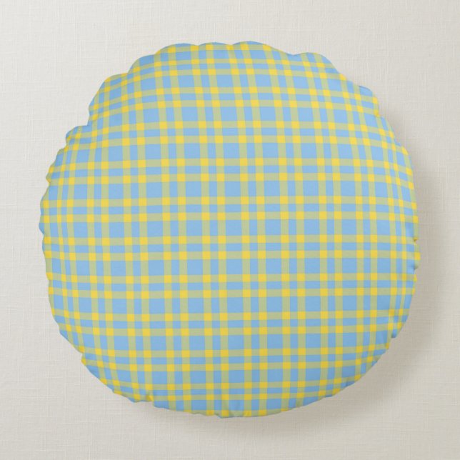 Blue Yellow Plaid Pattern Round Pillow (Front)