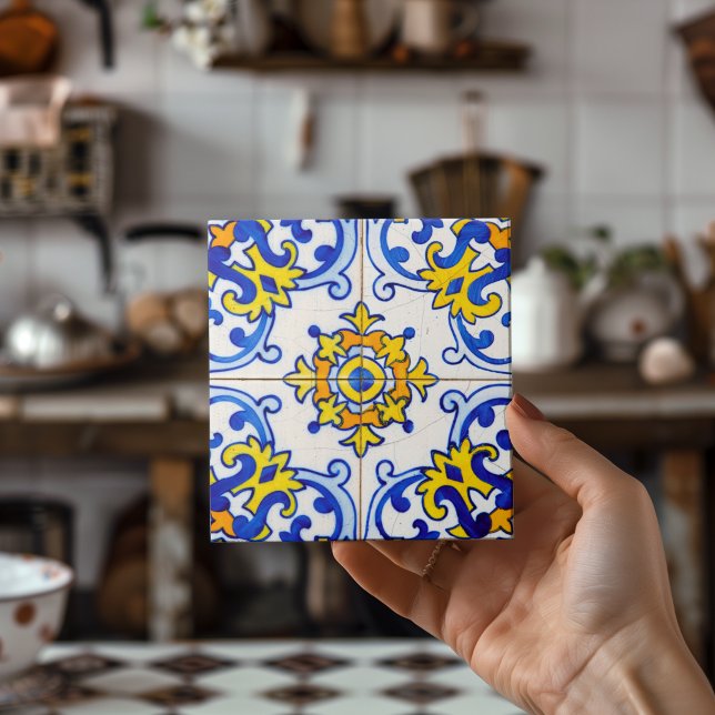 Blue Yellow Portuguese Mosaic Azulejo Art Ceramic Tile